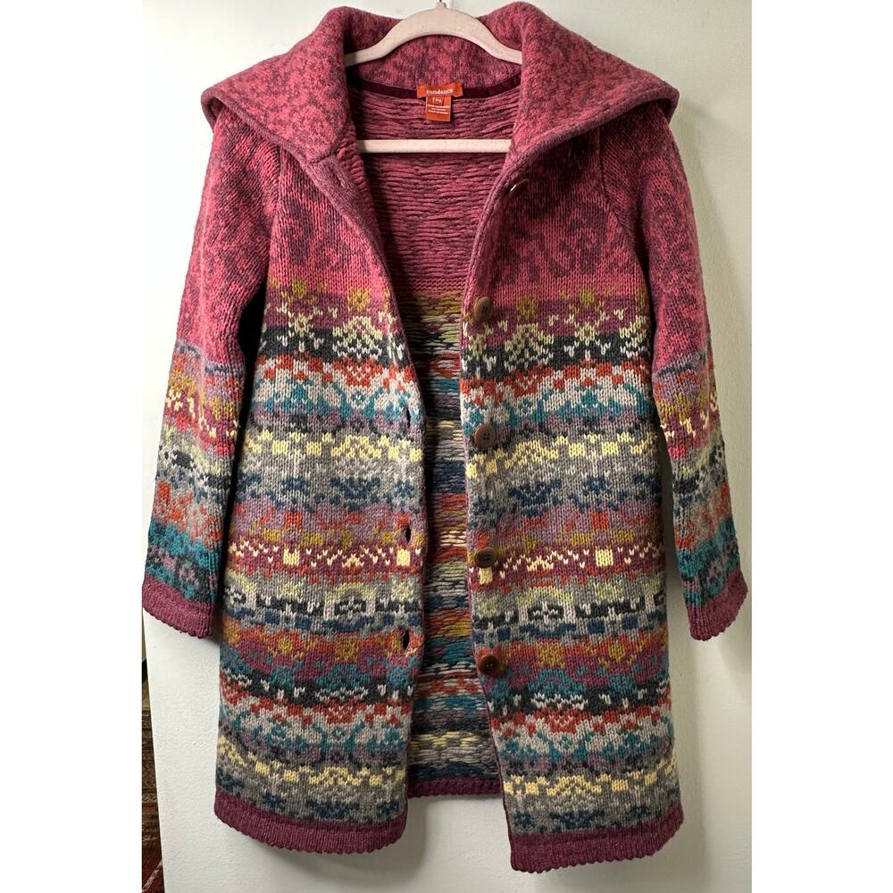 Sundance Long Maroon Multi-Color Patterned Cardigan Coat - Picture 3 of 10